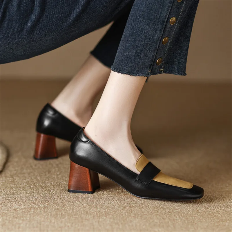 2023 New Spring Women Shoes Mixed Color Loafers Square Toe High Heels Cow Leather Chunky Heel Women Pumps Shoes for Women Ladies