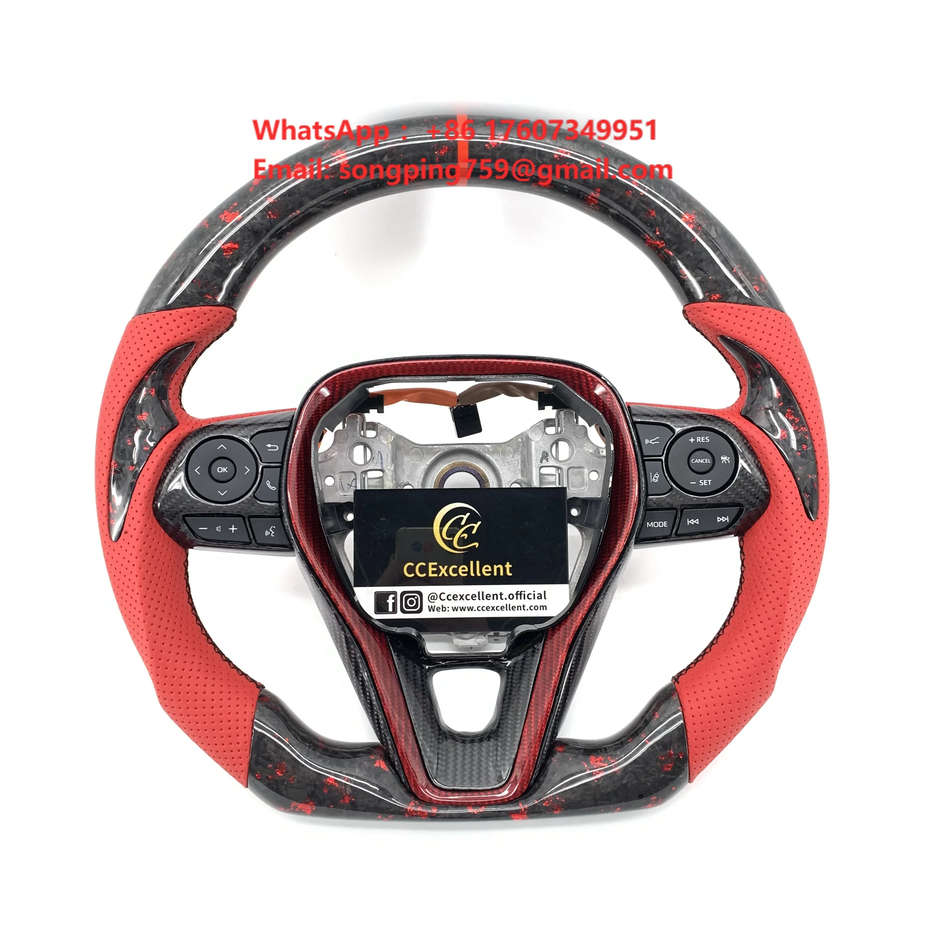 CCExcellent Customized for Toyota Corolla Perforated Leather Carbon Fiber Steering Wheel Sport Style Red Leather