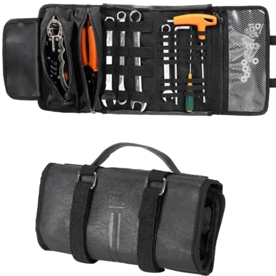 

Portable Motorcycle Tool Roll Bag with Wrench Roll Up Tool Kit Organizer Pouch in Faux Leather Design for Easy Storage and Tran