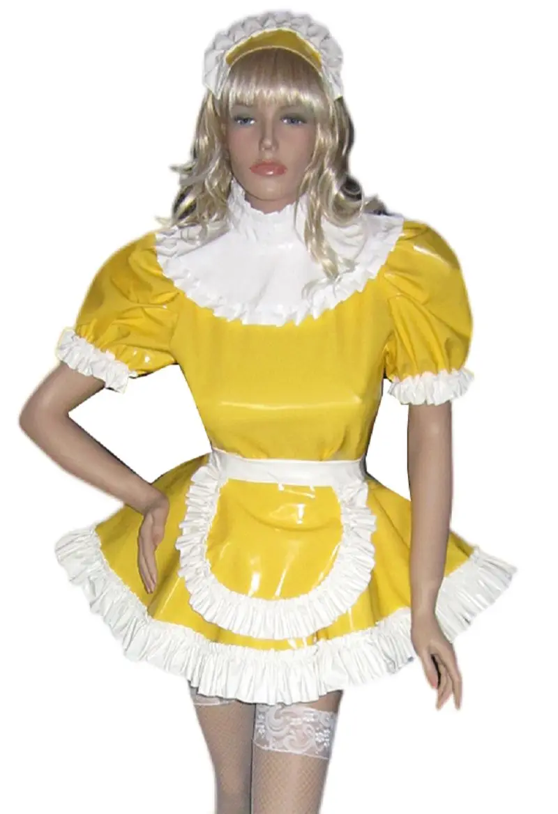 

Hot Selling Lockable Sissy Dress Sexy Maid PVC Apron Ruffle Role Play Costume Customization