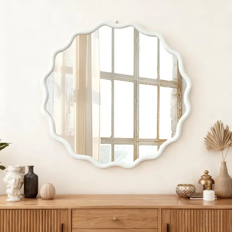 

30" Wavy Round Solid Wood Frame Mirror for Home Decor - Bedroom, Bathroom, Living Room, Entryway