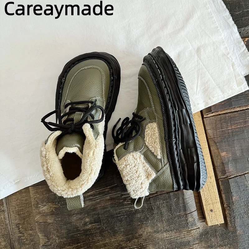 Careaymade-Genuine leather wide version women's boots,Original handmade ugly cute thick soled winter velvet warm cotton shoes