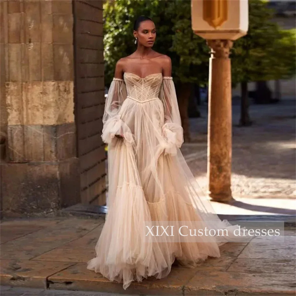 XIXI Customized Evening Dresses A-Line Sweetheart Floor-Length Wedding Dress Long Sleeves Robe De Soiree Elegant Dubai Arabic