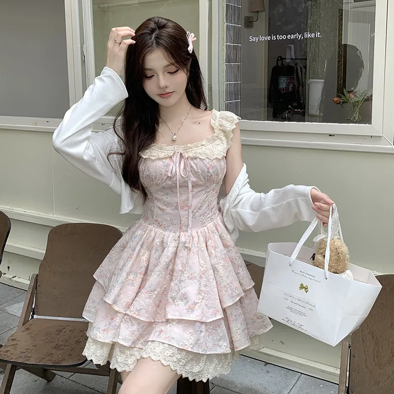 

Sweet Floral Print Short Dress with Sash Large Size Women's Clothing Cherry Weave Fabric Gentle Flying Sleeve Bow Lady Dress