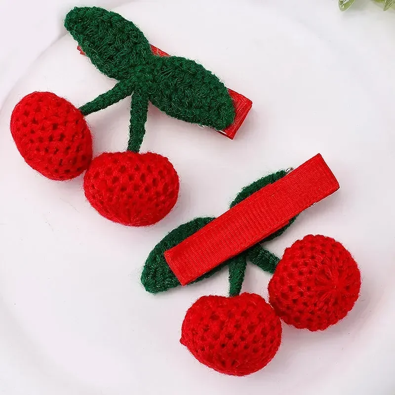 Oaoleer 2Pcs Red Cherry Hair Clip For Baby Girls Cute Knitted Hairpin Barrette Side Clip Child Headwear Fashion Hair Accessories