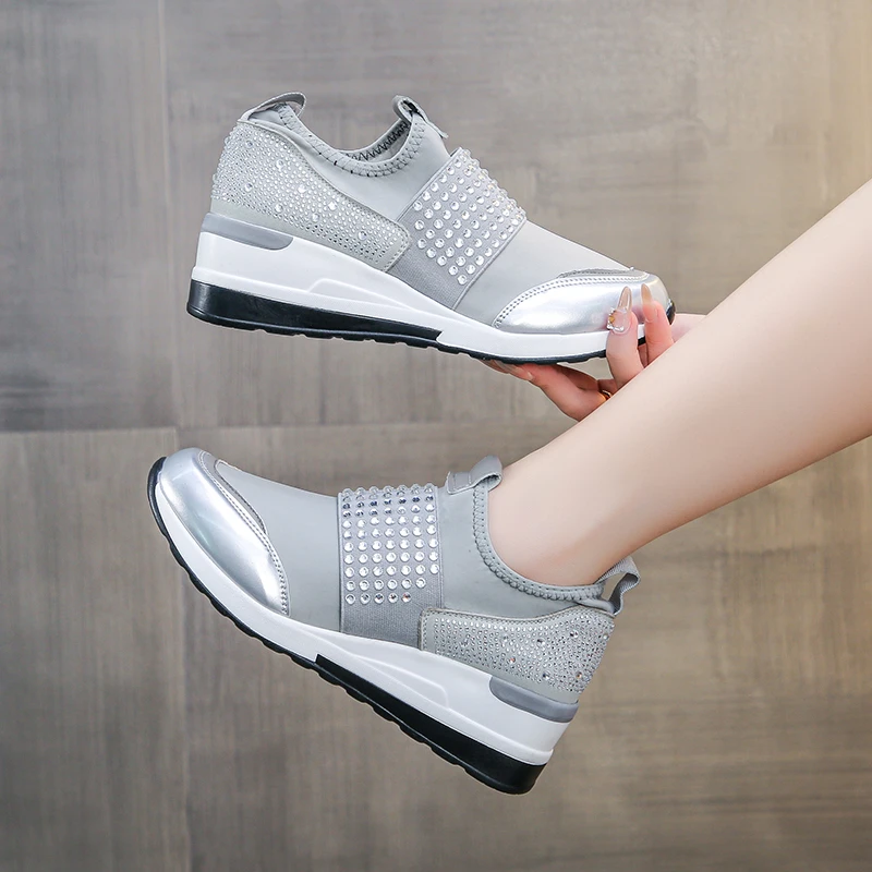 New Mesh rhinestone Women Lightweight Sports Shoes Casual Comfortable Breathable Outdoor Travel Cuffed Socks Wedge Women Shoes