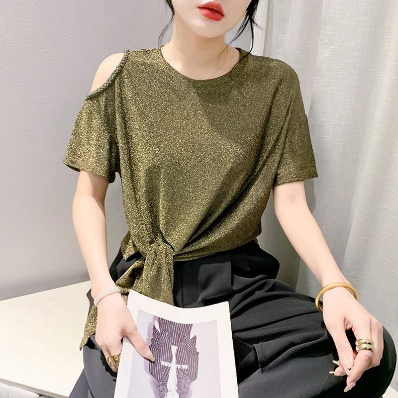 MadBlack-Women's European T-Shirt, Sexy O Neck Beading Off Shoulder, Clubwear Short Sleeve Loose M-3XL Tee, 2026 Summer T62308CC