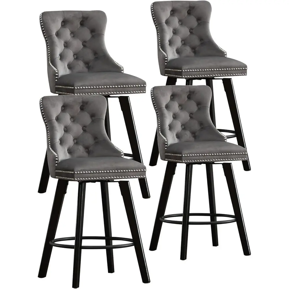 

Set of 4 Velvet Barstools with Large Backrest, Metal Footrest, and Button-Tufted Rivet Trim for Dining Rooms, Kitchen Islands, a