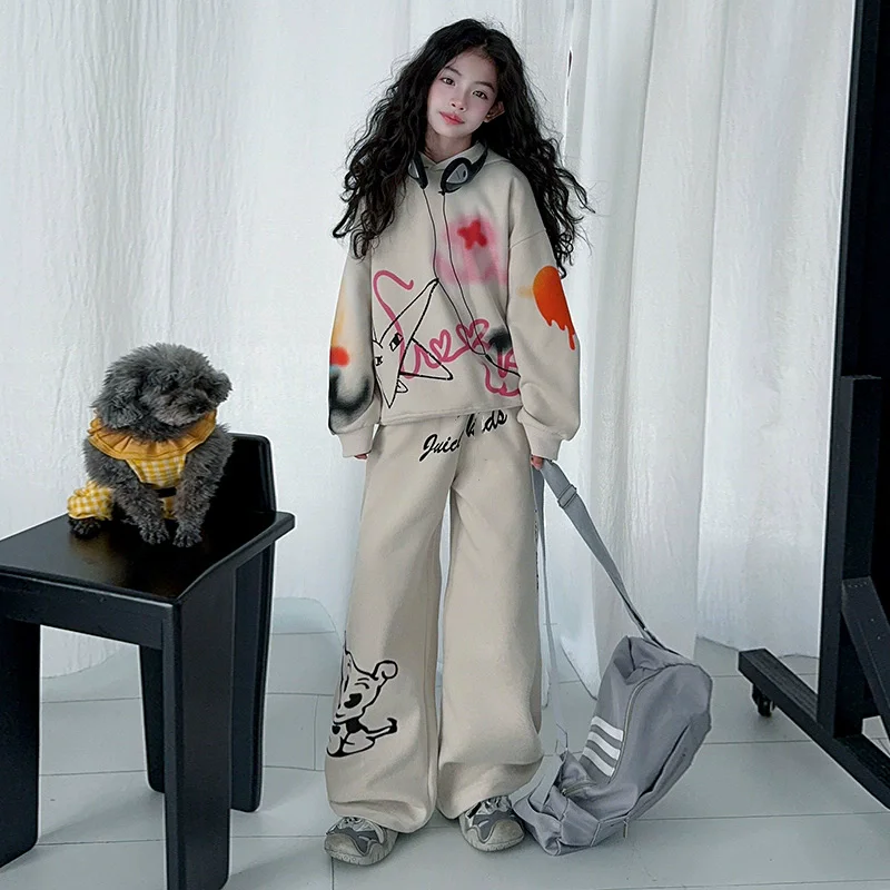 2026 Spring Autumn Girls Graffiti Pullover Sweatshirt+Sweatpant Workout Set School Kids 2PCS Tracksuit Children Jogging Outfit