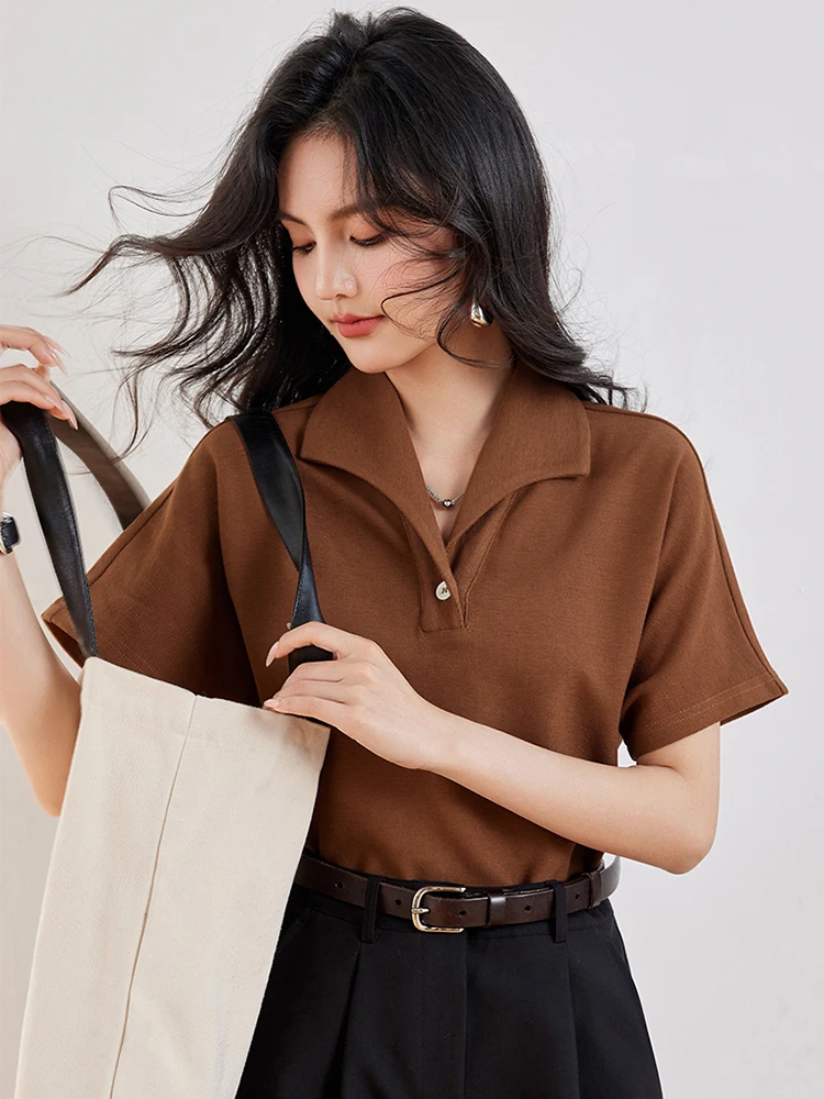 Top con risvolto da donna retrò in stile coreano estate nuova maglietta a maniche corte in tinta unita semplice Pullover Casual 2024