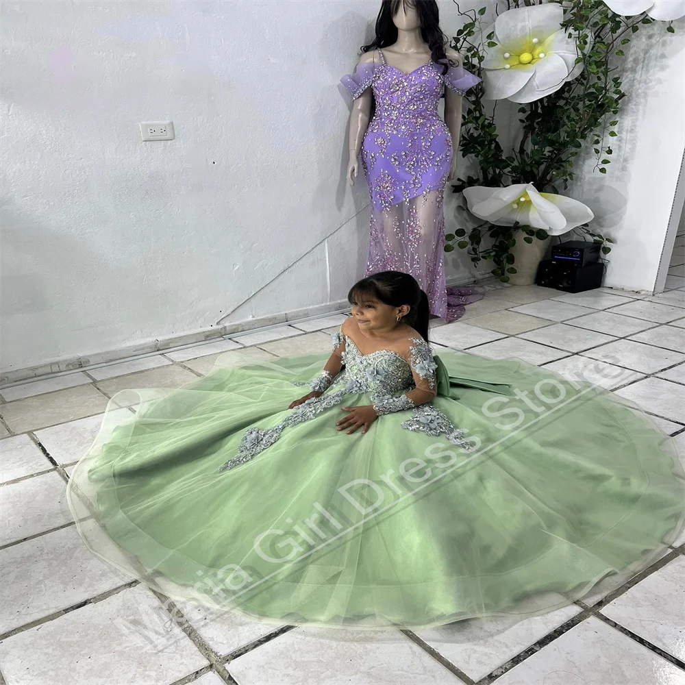 グリーンフラワーガールドレス 結婚式用 シルバーレース ふわふわチュール 女の子の初聖体拝領司会者ページェントイブニングドレス