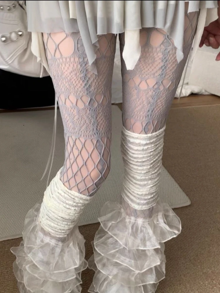 白い靴下の女性の春/夏甘いロリータ JK タイツ薄いメッシュカットアウト網タイツレトロスタイルレースジャカードストッキング