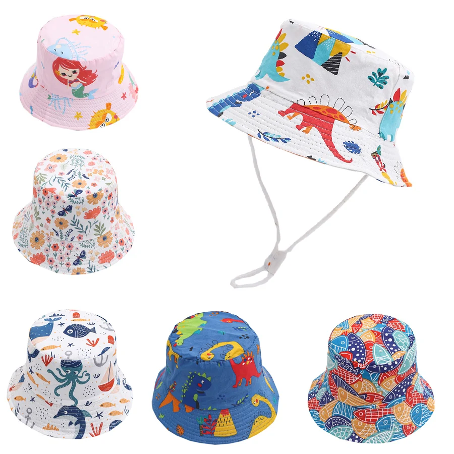 2024 Summer Baby Sun Hat Boy Girl Cartoon Print Cotton UV Protection Cute Cap Infant Children Panama Beach Kids Bucket Hat