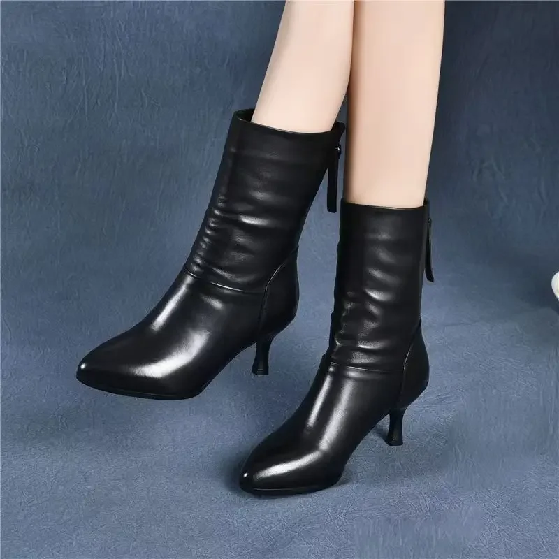 Pointed Toe Ladies Mid Calf Shoes Leather Women's Half High Boots New In Comfortable and Elegant Gyaru Boot on Promotion Work Pu