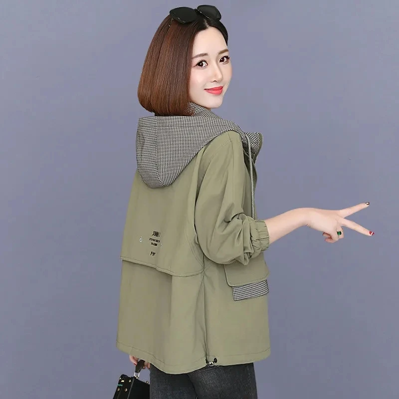 

Hooded Lined Women's Coat Tops 2024 New Korean Spring Autumn Jacket Loose Short Casual Windbreaker Outerwear Tooling Female