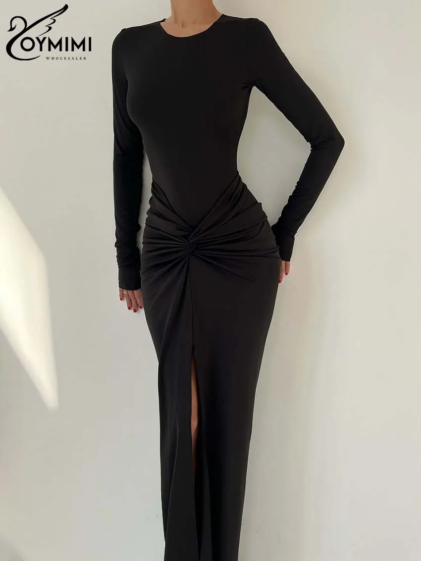 Oymimi Elegant Black O-Neck Dresses For Women Fashion New Slim Long Sleeve Solid Dresses Casual Slit Ankle-Length Skirts Sets