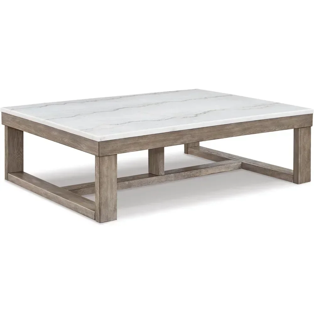 Loyaska Casual Cocktail Table with Natural Marble Top, White & Light Gray