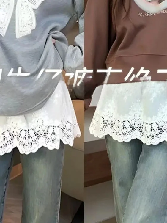 

Белая кружевная юбка-подъюбник с дизайнерской отделкой, базовый слой, А-силуэт, не объемная, в корейском стиле, для повседневной носки, из смесового хлопка и полиэстера