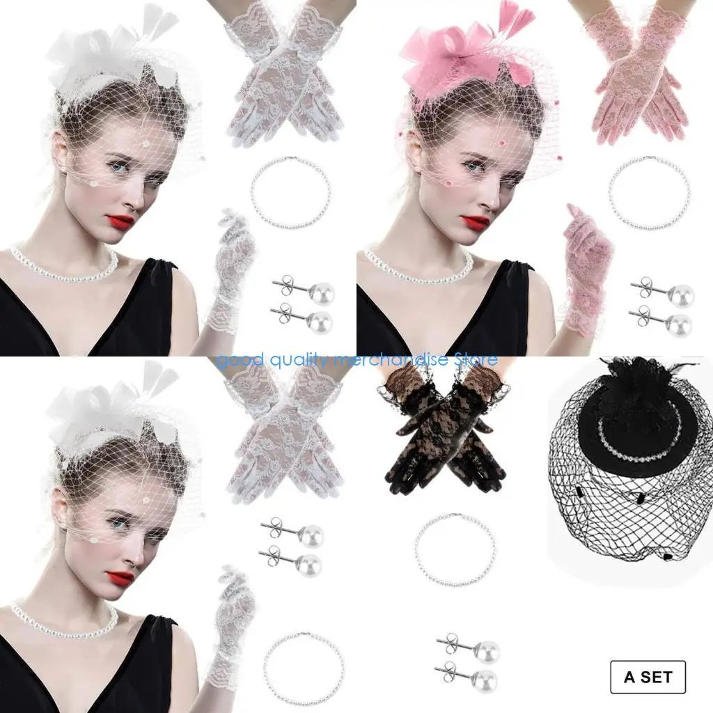 

Y5JD 1920-е годы комплект головных уборов для вечеринки, свадьбы с перчатками, ожерелье, кружевной головной убор с перьями для