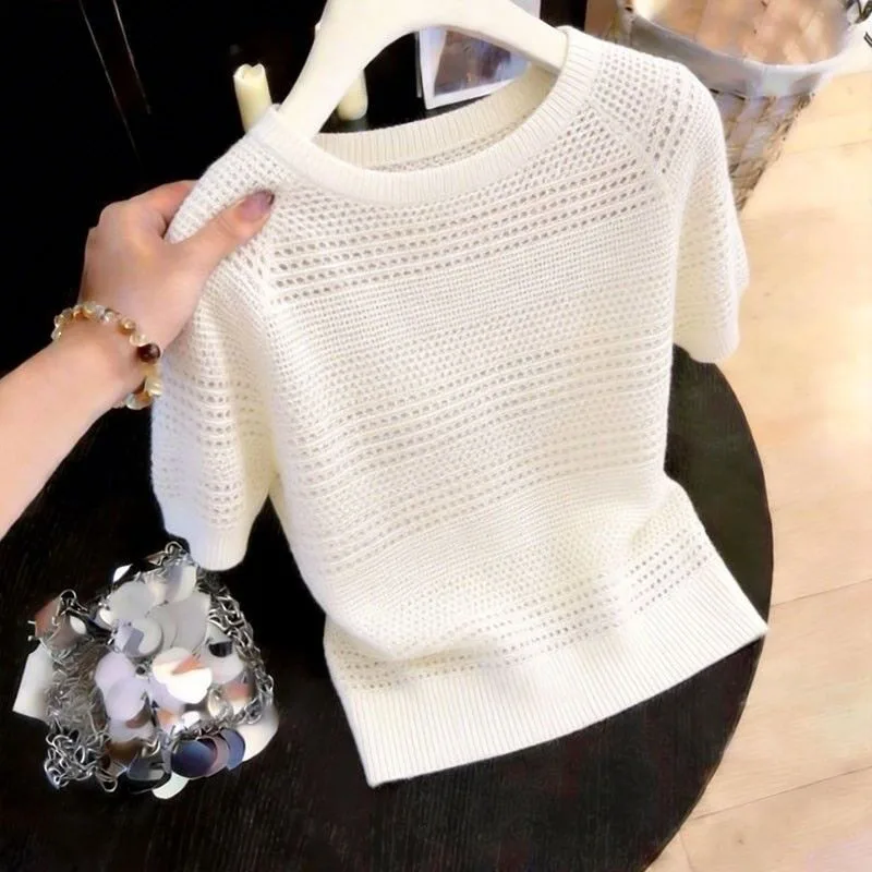 Sueter Feminino O-Ausschnitt Strickpullover Damen Pullover Neuer Sommer Kurzarm Ausgehöhlter Strickpullover Damen Oberteile Q4508