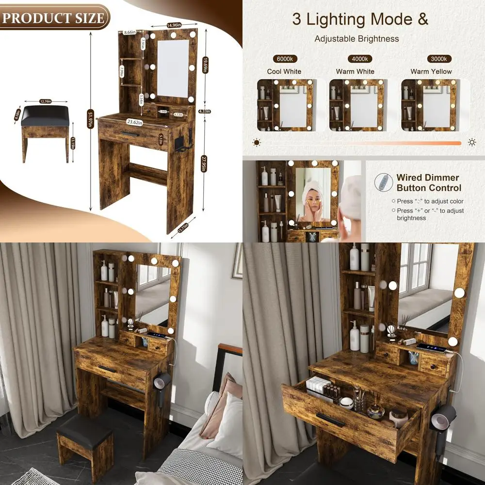 

Vintage-Style Makeup Vanity Desk Set with Mirror, Adjustable LED Lights, Power Outlet, Stool, Hairdryer Holder, and Drawers for