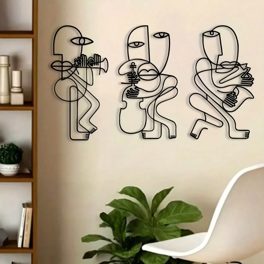 Sculpture murale abstraite en métal Art Déco représentant un musicien, ensemble de 3 pièces pour la décoration intérieure et extérieure, murale pour clôture extérieure