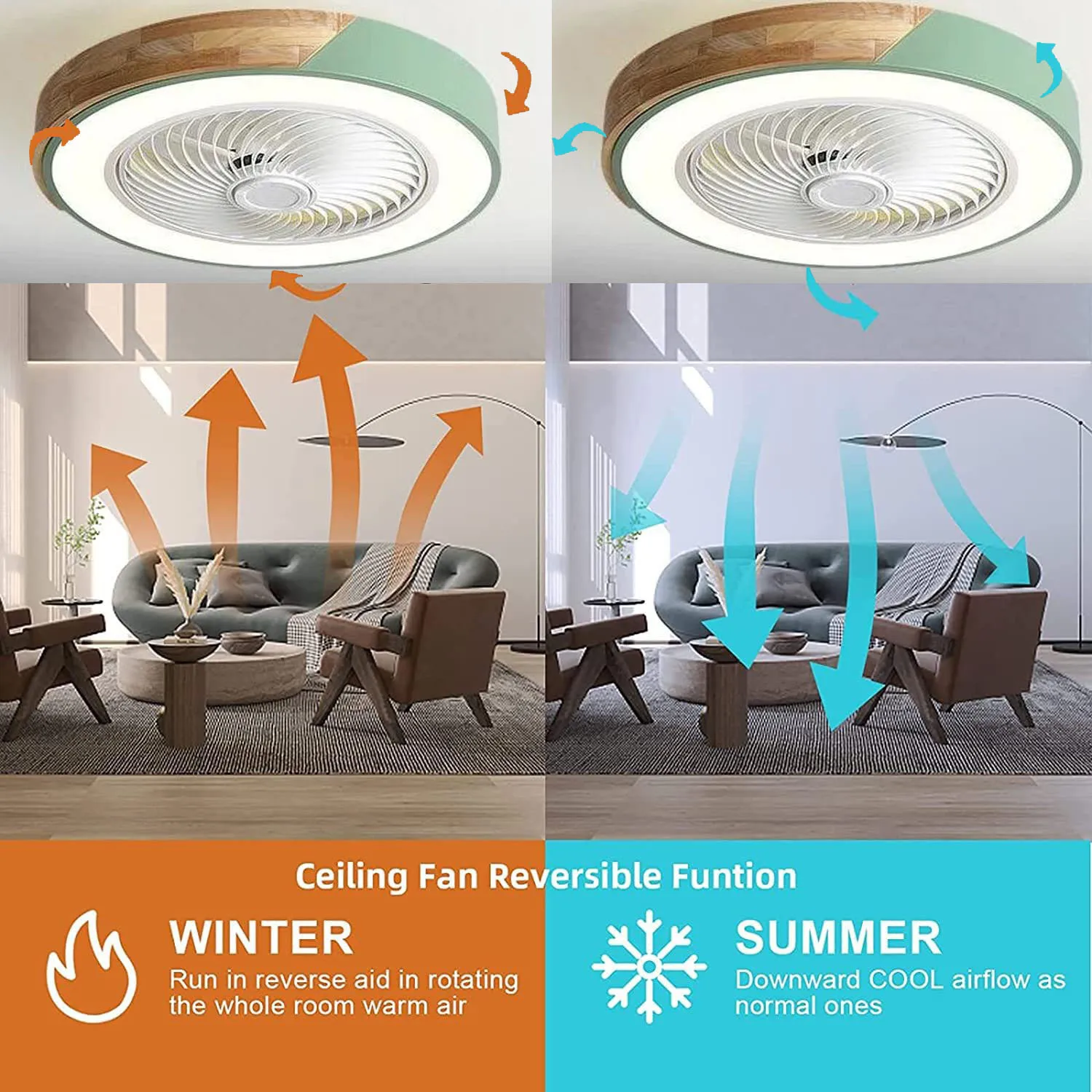 Ventilador de techo de madera con luces, de 52CM lámpara de luz, 220V, aplicación + Control remoto, ventilador de dormitorio, comedor, color verde,