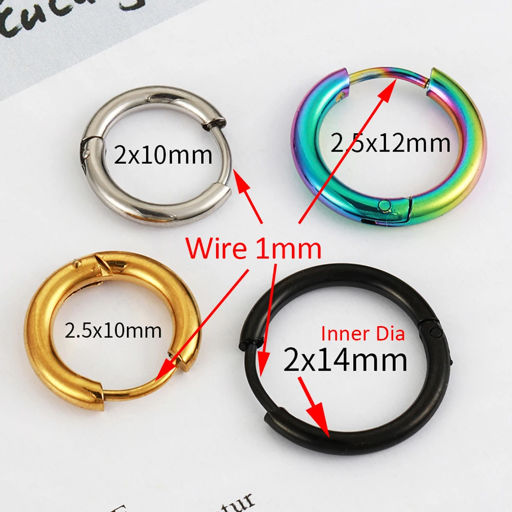 Pendientes de aro de acero inoxidable para hombre y mujer, aretes de 2,0mm y 2,5mm, Color dorado, negro, círculo redondo, venta al por mayor, 10