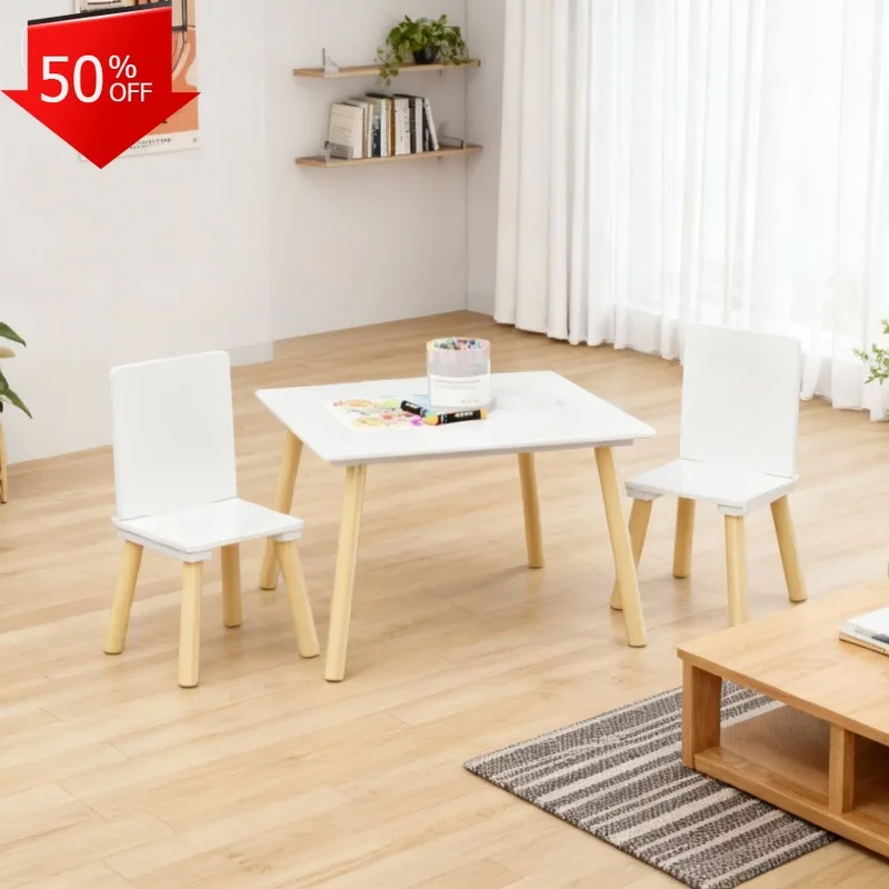 طقم طاولة أطفال وكرسيين، طقم طاولة وكرسي للأطفال مكون من 3 قطع، طقم طاولة لعب نشاط خشبي (أبيض) #1