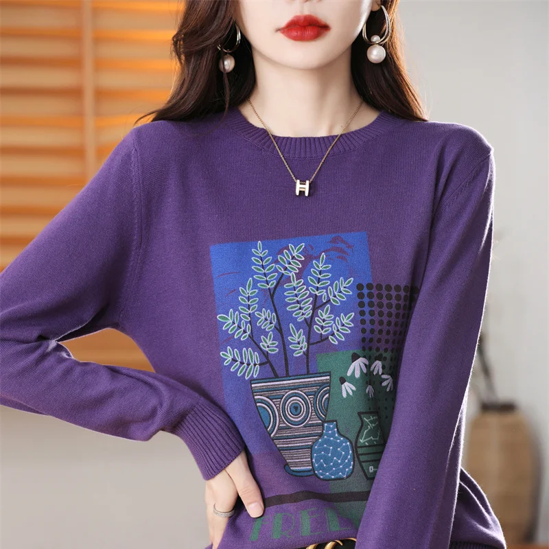 100% Cotton Knitted Sweater for Women\'s 2022 Autumn/Winter New Round Neck Long sleeved Coat Printed Sweater