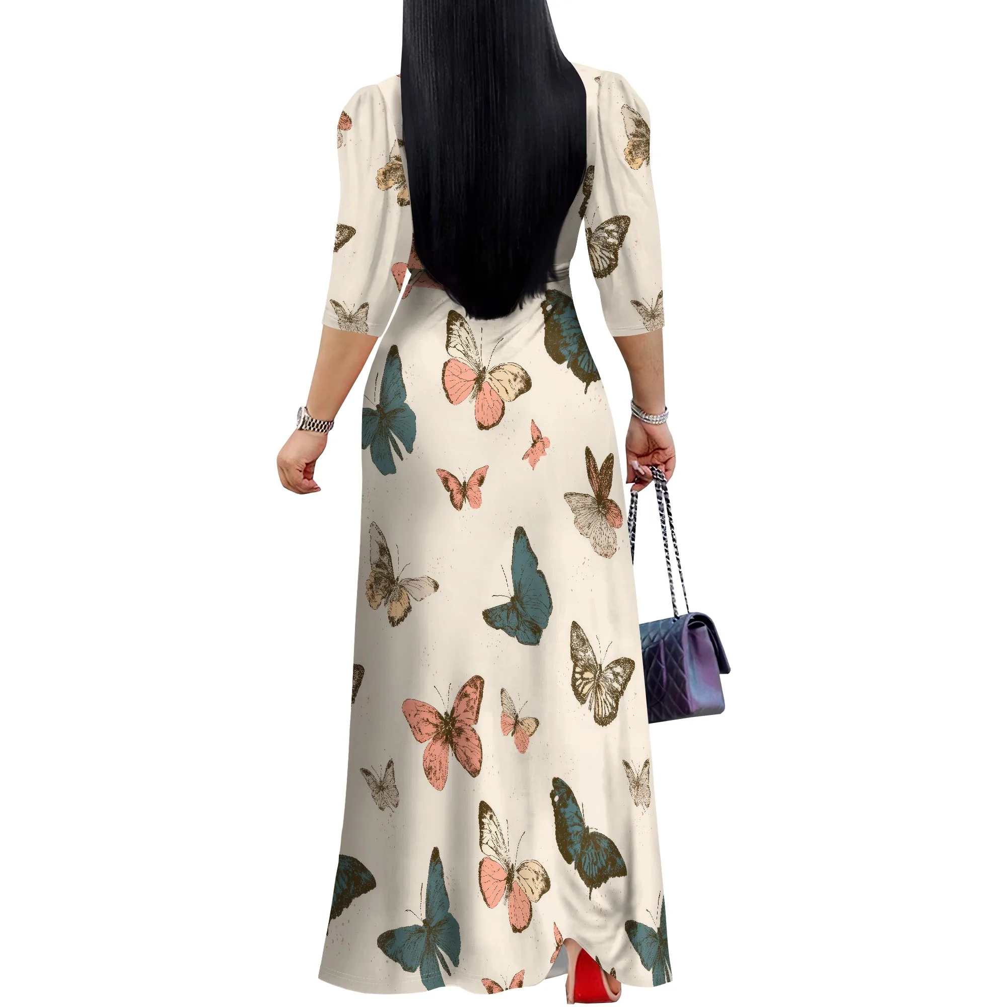 Vestidos maxi plus size para mulheres, vestido longo casual e fluido, manga 3/4, decote em V, vestido envoltório com cinto