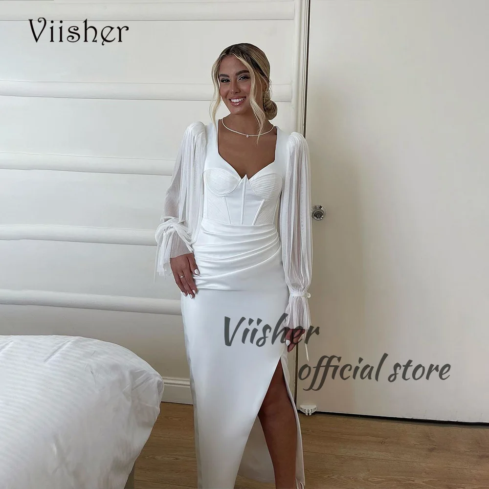 Viisher Simple Civil Wedding Dresses Long Sleeve Sweetheart Mermaid Bridal Gowns with Slit Long Wedding Bridesmaid Gowns