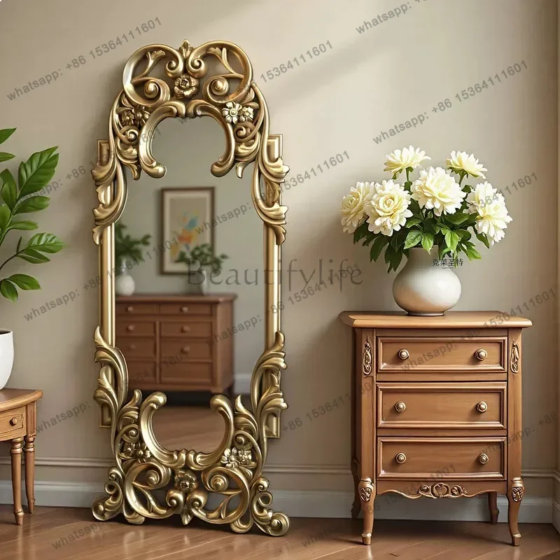 YJ French Carved Full Length Floor Mirror Vintage Arched Wall Leaning Dressing Mirror for Bedroom Living Room