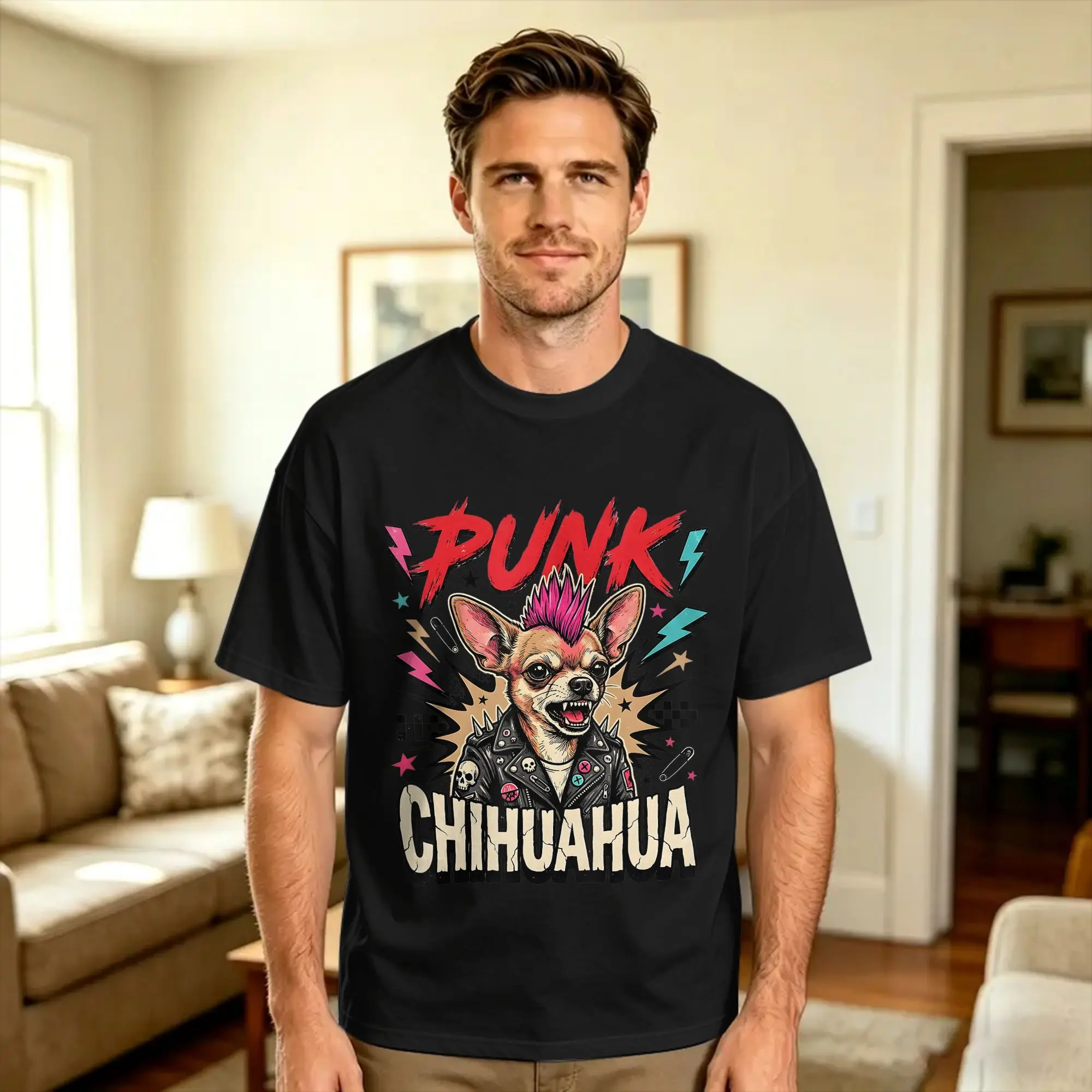 Casual T-Shirt Summer Vintage Punk Chihuahua Rock Chihuahua Mohawk Spiked Collar Hip Hop T Shirts  100% Cotton Tee Shirt for Man