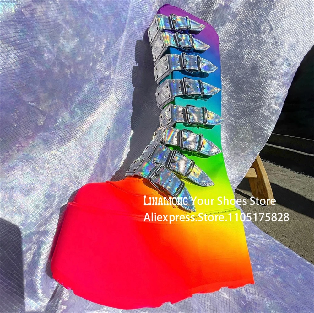 

Gradient Multicolor Wedge Boots Smacked Platform Iridescent Laser Buckle Boots Fashionable Y2k Large Size Knee High Women Boots