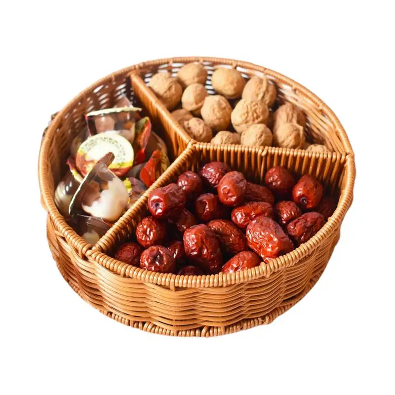 

Imitation Rattan Basket Storage Box 3 Grids Round Coffee Table Tray ingredients classification box living room fruit basket
