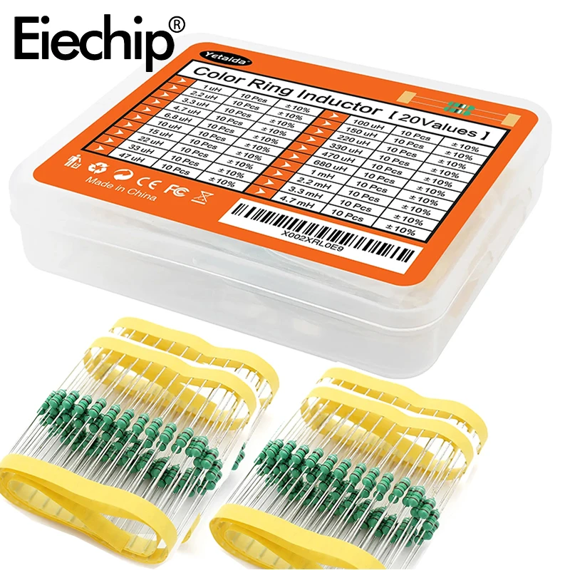 200PCS/set Inductor Assortment Kit 1UH-4.7MH 20values DIP Inductance Color Ring Inductor Assorted Kit