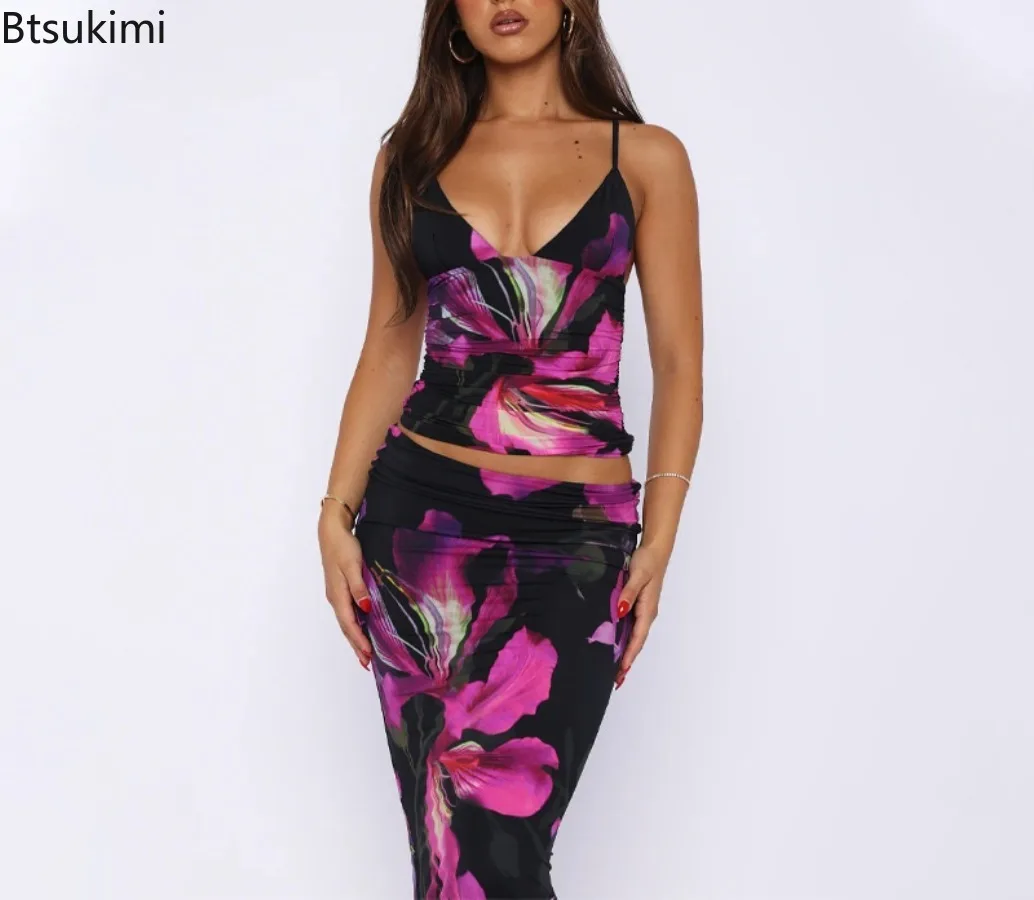 

New Women's Elegant Dress Sets Sexy Tie-Dye Floral Print Sleeveless Crop Tops Skirts 2pcs Sets Fashion Y2K Street Party Outfits