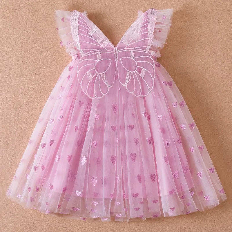 Summer New Girls Love Print Mesh Fairy Dress Korean Version Flying Sleeve Three-dimensional Wings Princess Dress