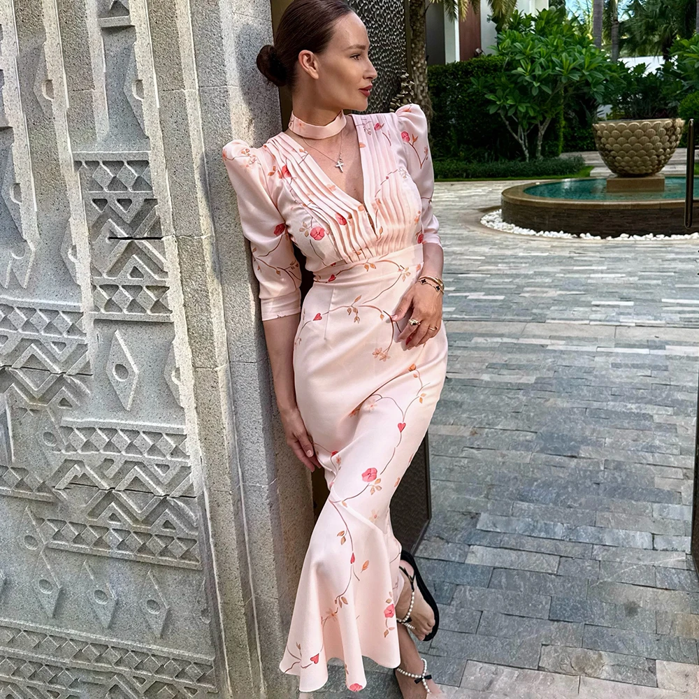 

Tuularose Elegant Printed V-Neck Long Dress Female High Waist Bandage Slim Contrast Party Dress Evening Women Lace-Up Maxi Dress