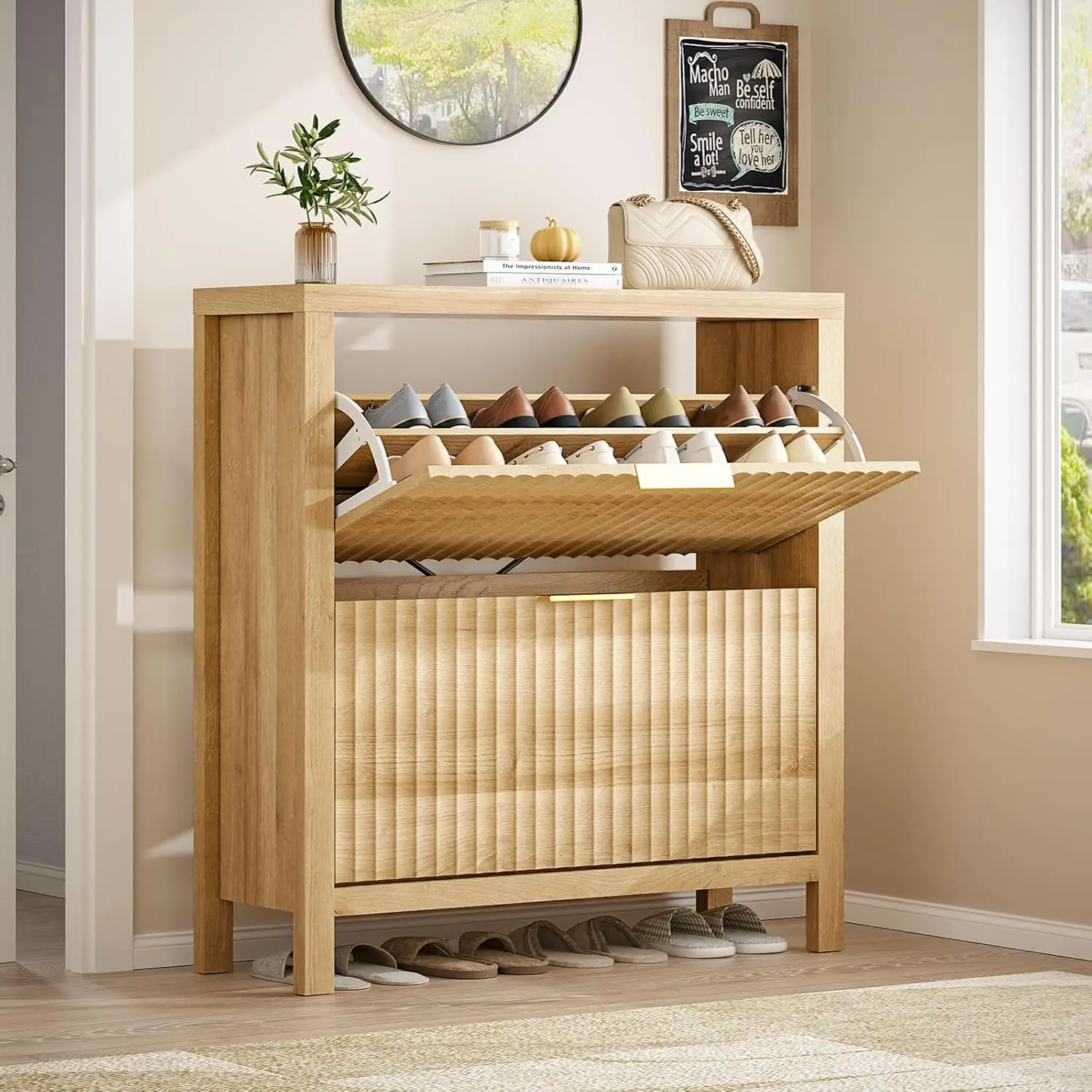Shoe Cabinet Storage for Entryway, Fluted Shoe Cabinet with 2 Flip Drawers, Hidden Shoe Rack Tall Freestanding Shoe, Customized