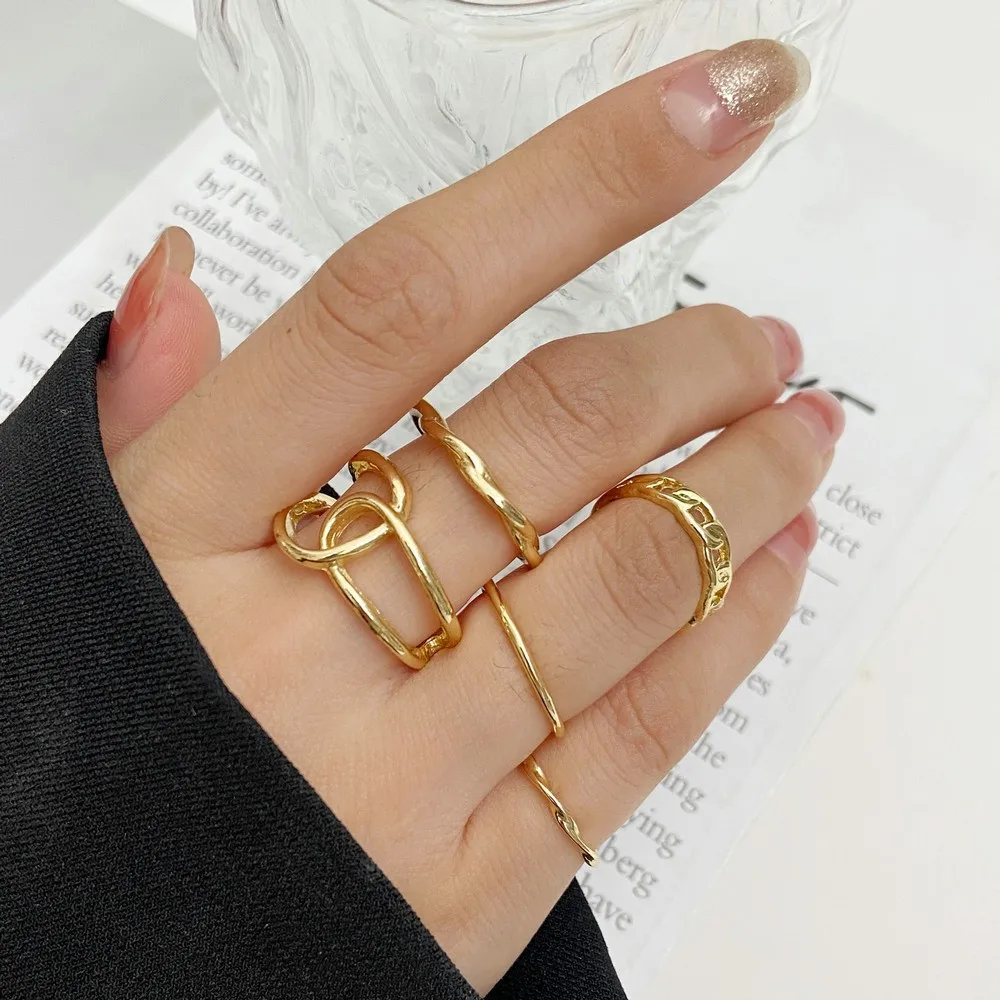 5Pcs/Set Hot Selling Cold Style Irregular Hollow Chain Ring Set Women's Personality Simplicity and Versatile Jewelry Wholesale