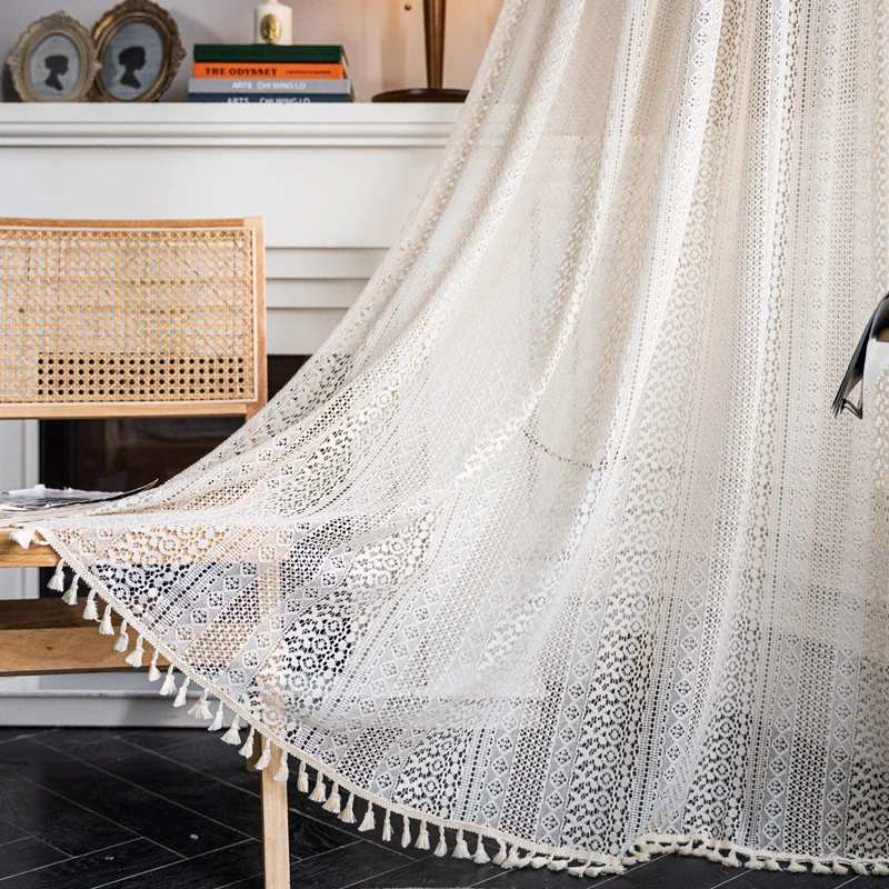 Vintage Boho Sheer Lace Curtains Crochet Hollow Out with Tassels Rod Pocket Semi Sheer Window Drapes for Farmhouse Living Room