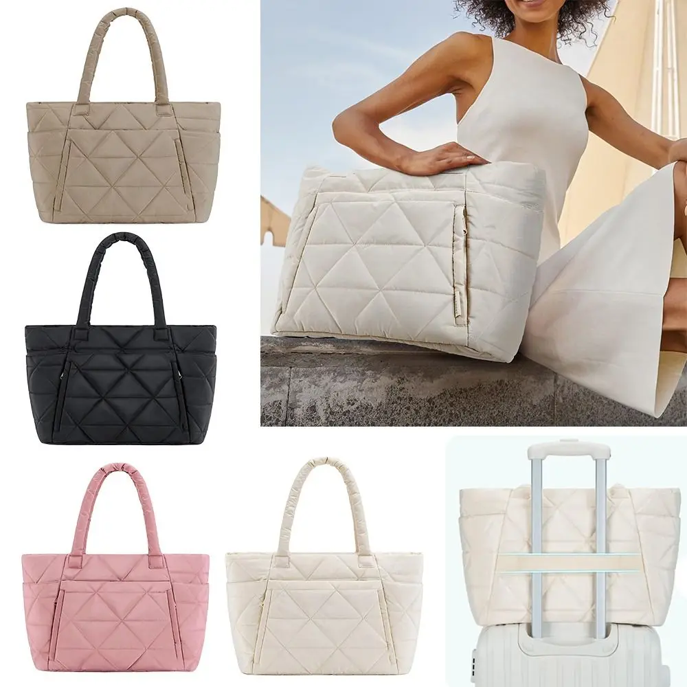 

Puffy Tote Bag Large Capacity with Compartments Travel Satchel Purse Solid Color Lightweight Quilted Shoulder Bag