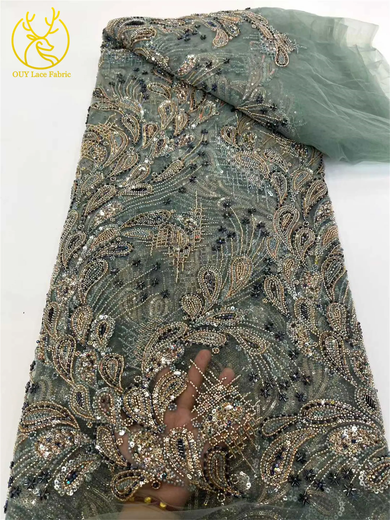 Luxury Exquisite 2025 African Nigerian Sequins Tulle Lace Fabric 5 Yards French Beading Embroidery Wedding Party Dress Sewing