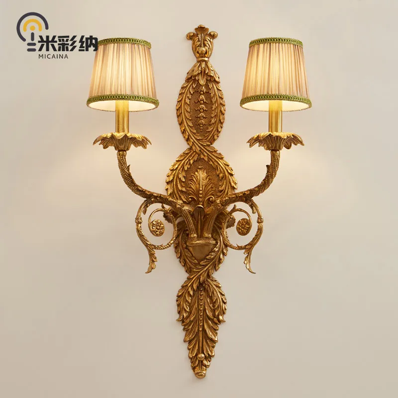 

French classical copper wall lamp European luxury villa living room lamp bedroom bedside study lamp dewaxed copper lighting
