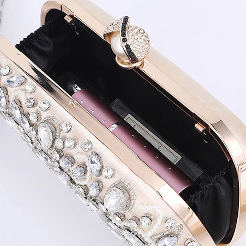 YYW Crystal Pearl Beads Clutch Purse for Women Evening Handbags Formal Rhinestone Wedding Prom Cocktail Party Shoulder Chain Bag