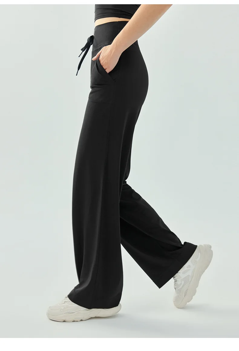 High Waist Women Drawstring Pure Color Long Loose Pocket Pants Breathable Comfortable Fitness Outdoor Sports Running Yoga Pants