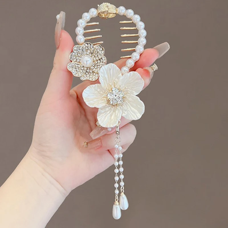 

Fashion Camellia Frog Buckle Women Girls Rhinestone Pearl Tassel Style Hairpin Barrette Hair Pins Ponytail Hair Accessories