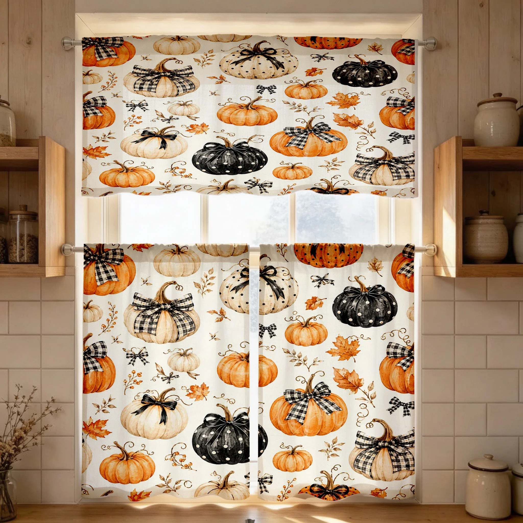 Thanksgiving Fall Kitchen Curtains, Black Pumpkin Bow, Digital Print, Kitchen Dining Room, Rod Pocket Polyester, Home Decor